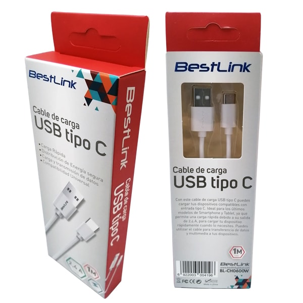 Cable de carga USB tipo C carga rápida de 2,4amp, color blanco, 1 mt / BL-CH0600W2