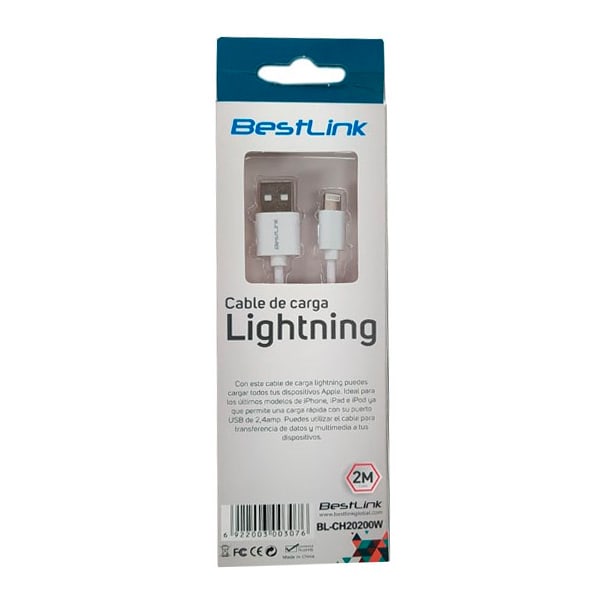 Cable Lightning 2,4amp para iPhone, iPad, iPad mini, iPod color blanco de 2 metros / mod. BL-CH202002