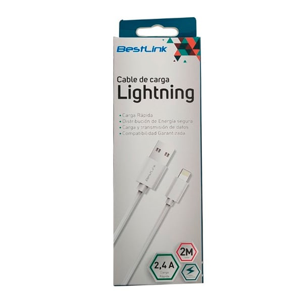 Cable Lightning 2,4amp para iPhone, iPad, iPad mini, iPod color blanco de 2 metros / mod. BL-CH202001