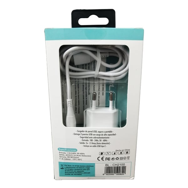 Cargador Dual USB, 2.1amp, color blanco. BESTLINK / mod. BL-CH21004
