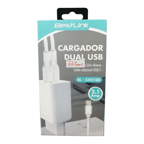 Cargador Dual USB, 2.1amp, color blanco. BESTLINK / mod. BL-CH21005