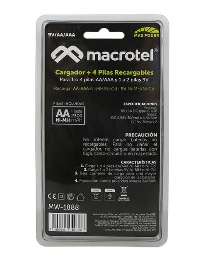 CARGADOR + 4 PILAS AA RECARGABLES MACROTEL MV-18881