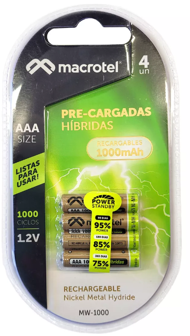 Pilas Recargables Aaa, 4 Unidades, 1000 Mah. Macrotel1