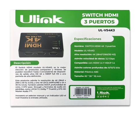 Switch de video HDMI 4K de 3 puertos / mod. UL-VS4K34