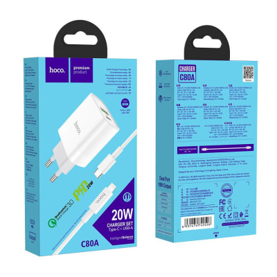 Cargador con cable USB-C Lightning 20W + USB Carga Rápida 3.0 Hoco C80A1