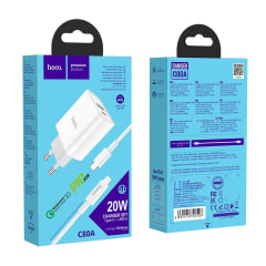 Cargador con cable USB-C Lightning 20W + USB Carga Rápida 3.0 Hoco C80A