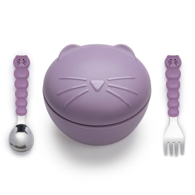 CONTENEDOR DE SILICONA Y CUBIERTOS GATO1