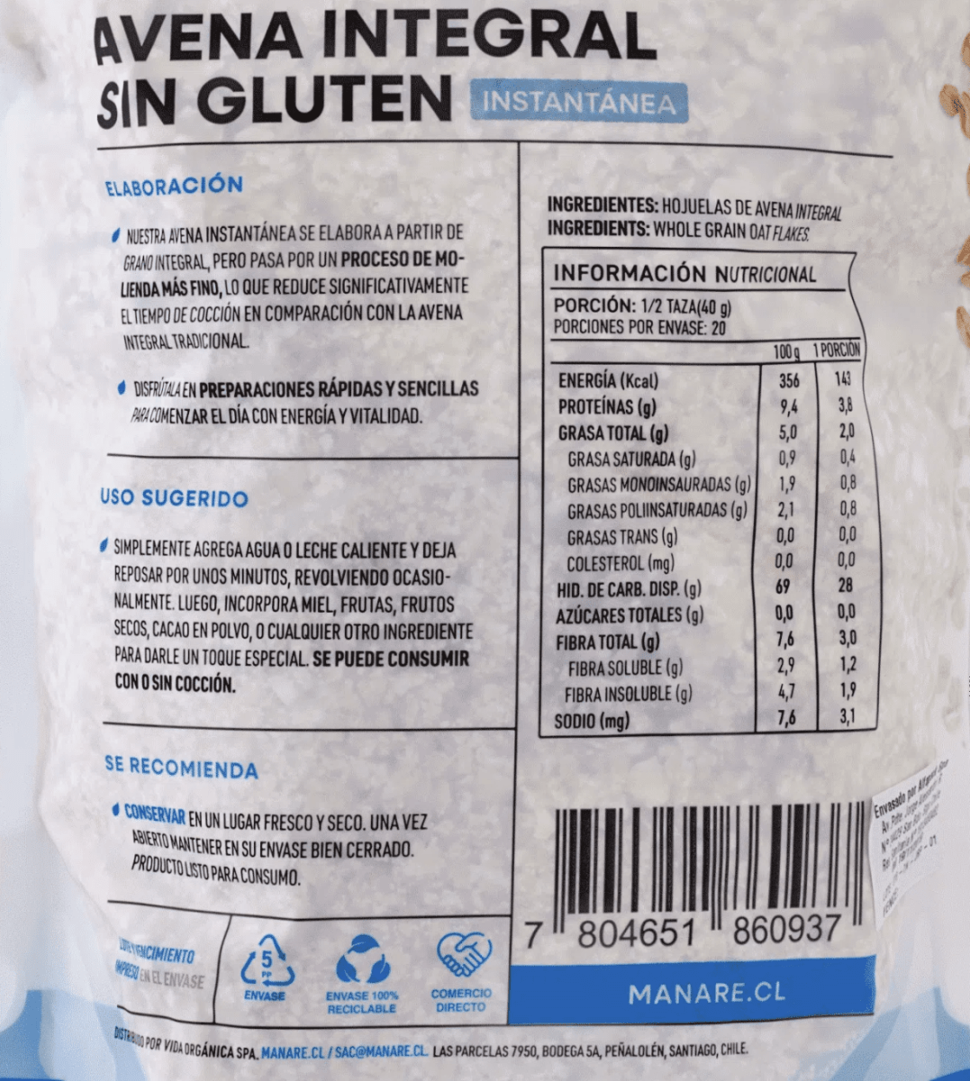AVENA SIN GLUTEN INSTANTANEA 800G MANARE2