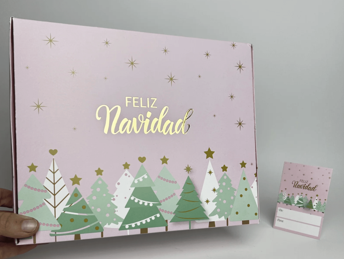 Cajas 25x25x5 cm Navidad Rosada c/ Folia Dorada1