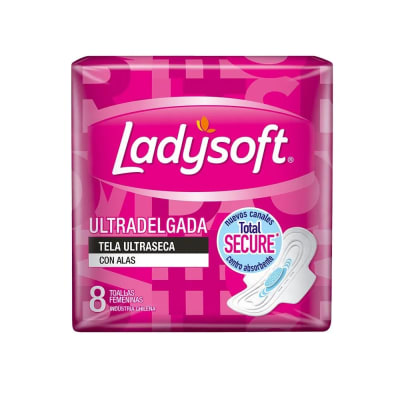 TOALLA FEMENINA LADYSOFT ULTRA DELGADA SUAVE CON ALAS X 8 UNIDADES1