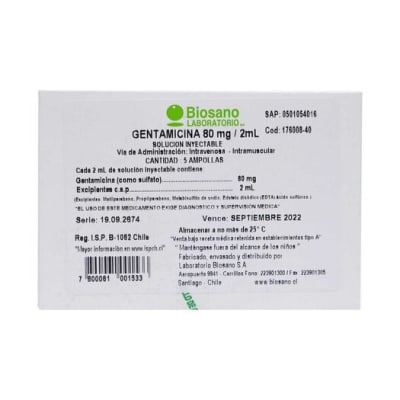GENTAMICINA 80 MILIGRAMOS/2 MILILITROS X 5 AMPOLLAS INYECTABLE1