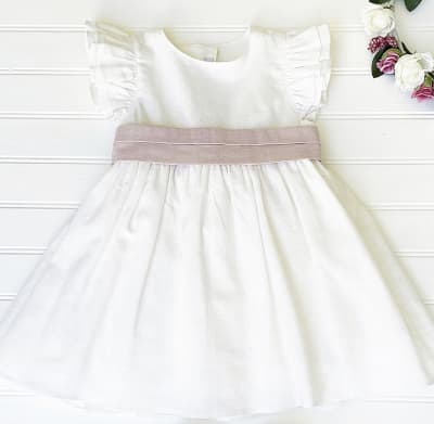 VESTIDO LINO CRUDO CINTO ROSA