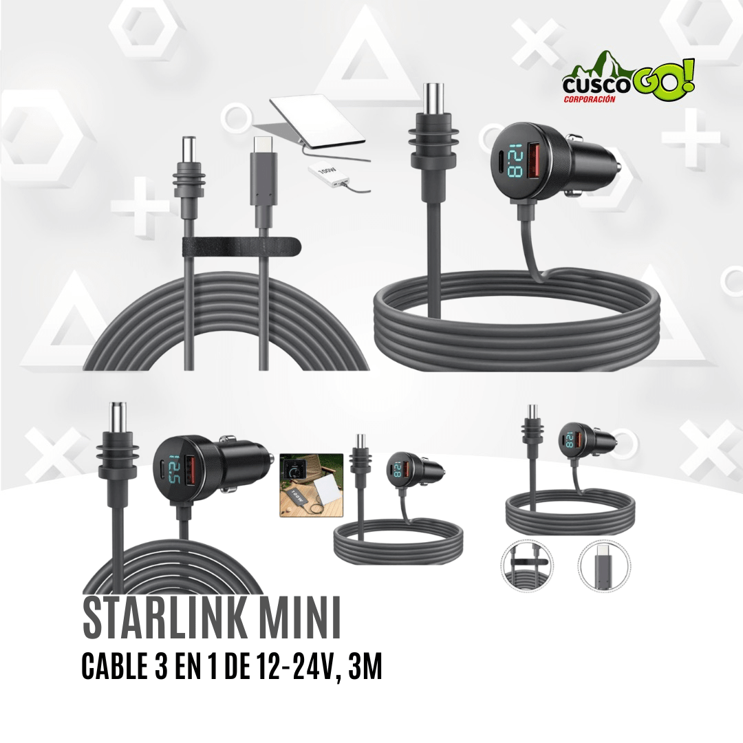 Cable 3 en 1 Starlink Mini 3M compatible con USB-C, encendedor 12–24V y DC2
