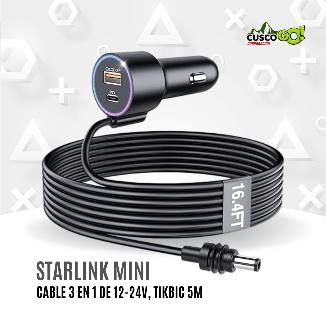Cable 3 en 1 Starlink Mini 5M – DC, USB-C PD 30 W y Encendedor 12–24 V 0