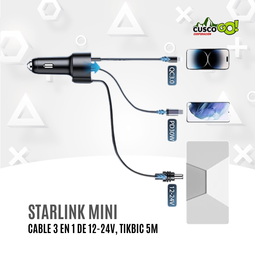 Cable 3 en 1 Starlink Mini 5M – DC, USB-C PD 30 W y Encendedor 12–24 V3