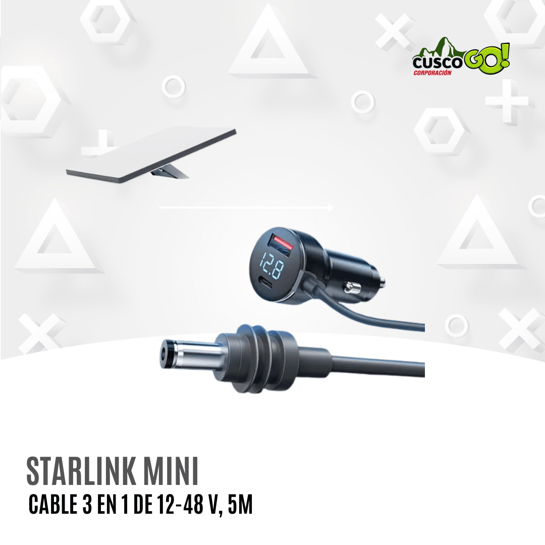 Cable 3 en 1 Starlink Mini 5m compatible con USB-C, encendedor 12–48V y DC 0