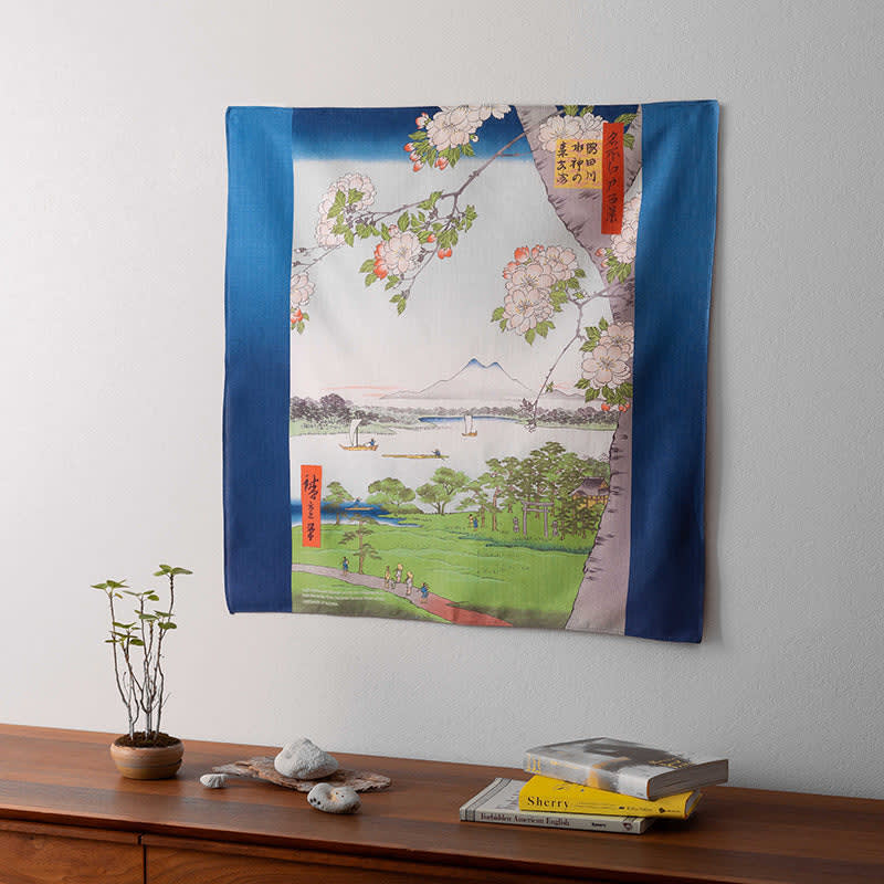 Furoshiki japonés 70 cm Ukiyo-e Santuario Suijin y Massaki junto al río Sumida2