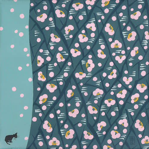 Furoshiki japonés 48 cm Yumeji Takehisa Ciruelo japonés y gato (Azul)2