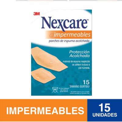 PARCHE IMPERMEABLE ACOLCHADO Y FLEXIBLE NEXCARE TAMAÑOS SURTIDOS 15 UNIDADES