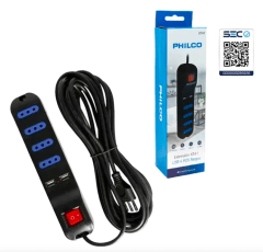 ALARGADOR EXTENSION PHILCO 4 POS Y 2 USB NEGRO