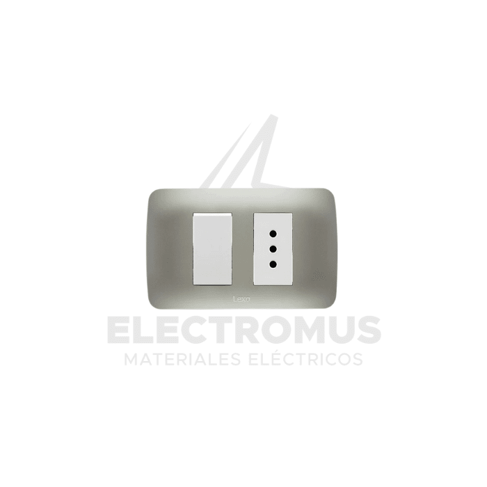 INTERRUPTOR SIMPLE 9/12 + TOMA CORRIENTE 10A PLATA LEXO1