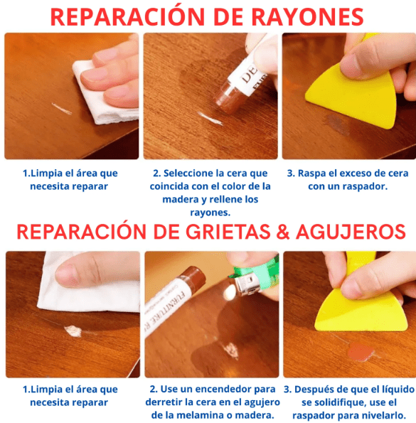 Kit de 19 Ceras + Espátula Aplicador Para Reparación de Muebles de Madera, Melamine y Aglomerados3