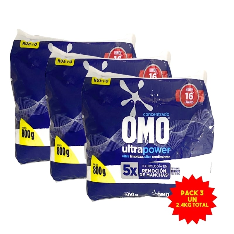 Detergente en polvo Omo power ultra 800 g Pack 3 unid1