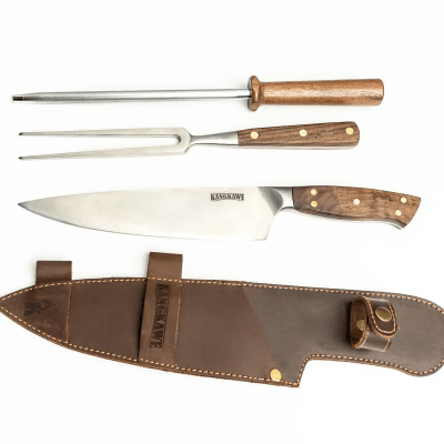 Trilogía Parrillera en Cuero Kangkawe – Cuchillo, Pincho Pro y Astil en funda de cuero1