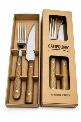 Set Parrillero Cuchillo + Tenedor Acero Inoxidable con Mango de Madera Laurel – Caja de Regalo1