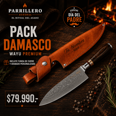 Pack Damasco Wayu Premium + Funda de Cuero Personalizada | Parrillero Austral1