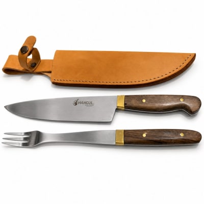 Set Parrillero Artesanal Grande con Cuchillo y Tenedor con Funda de Cuero – Acero Inoxidable AISI 4201