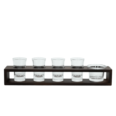 Set de 4 Vasos Shot Wayu con Bandeja de Madera y Bowl de Vidrio1