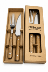 Set Parrillero Cuchillo + Tenedor Acero Inoxidable con Mango de Madera Laurel – Caja de Regalo
