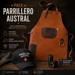 PACK PARRILLERO AUSTRAL — PECHERA DE CUERO + GORRO + DESTAPADOR IMANTADO