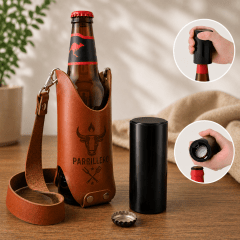 Pack Porta Cerveza de Cuero + Abridor Imantado | Accesorios Parrilleros Parrillero Austral