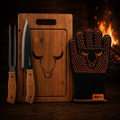 Pack Parrillero Tabla de Madera + Cuchillo + Pincho + Guante Alta Temperatura 500° | Parrillero Austral