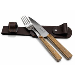 Set Parrillero Artesanal Cuchillo y Tenedor con Funda de Cuero – Mango Madera Guayubira Acero Inoxidable