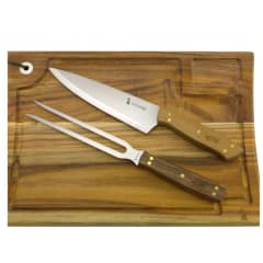 Set Parrillero Tabla Madera + Cuchillo y Tenedor Acero Inoxidable