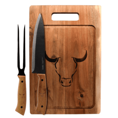 Set Parrillero Wayu con Tabla de Madera, Cuchillo y Tenedor para Asado