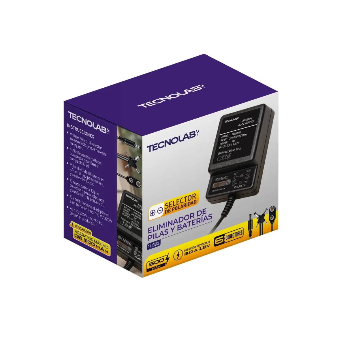 FUENTE DE PODER MULTI VOLTAJE TL882 TECNOLAB 500MA, INCLUYE SELECTOR DE POLARIDAD Y 61