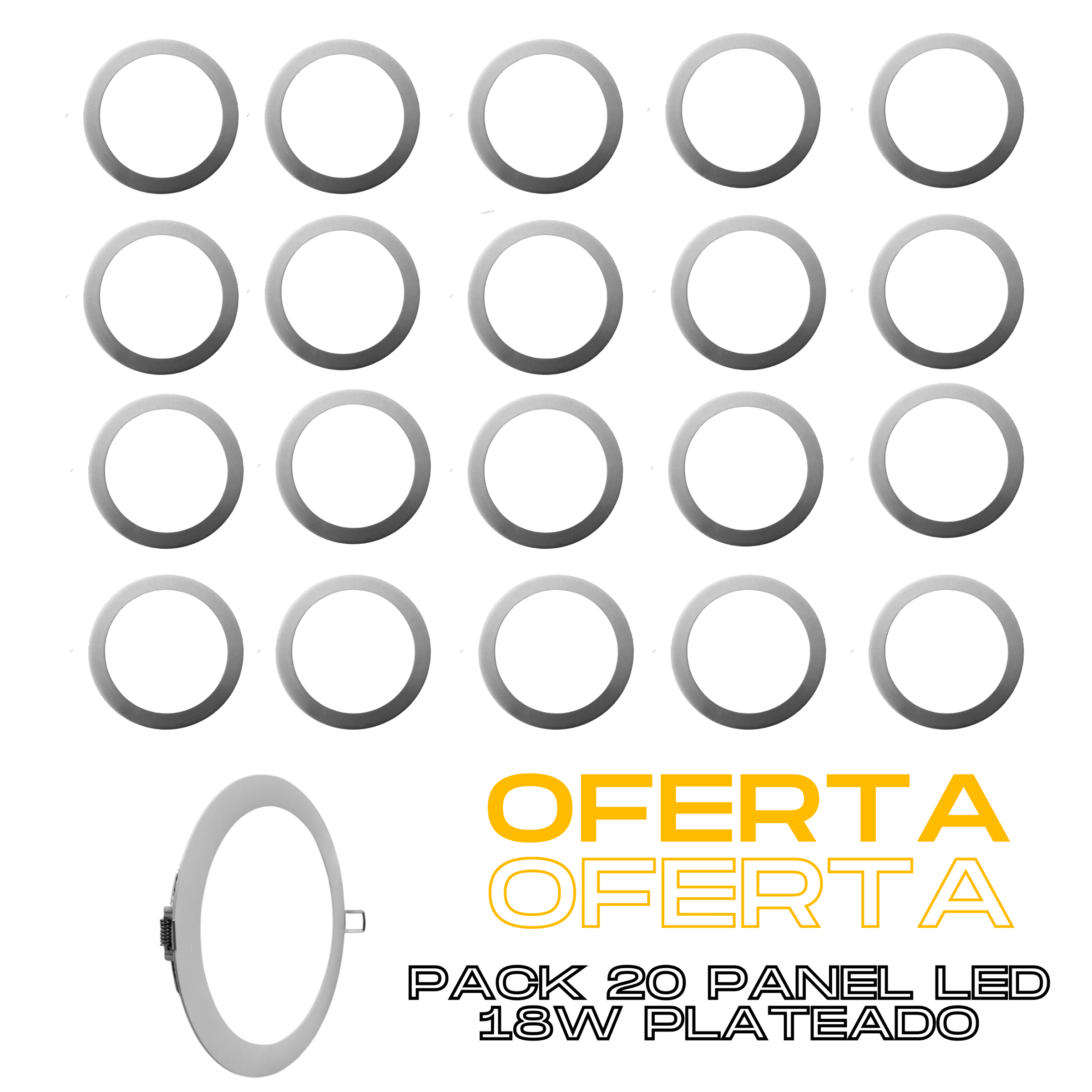 PACK x20 PANEL LED EMBUTIDO REDONDO PLATEADO 18W 6500K – ILUMINACIÓN EFICIENTE Y ESTILO PROFESIONAL