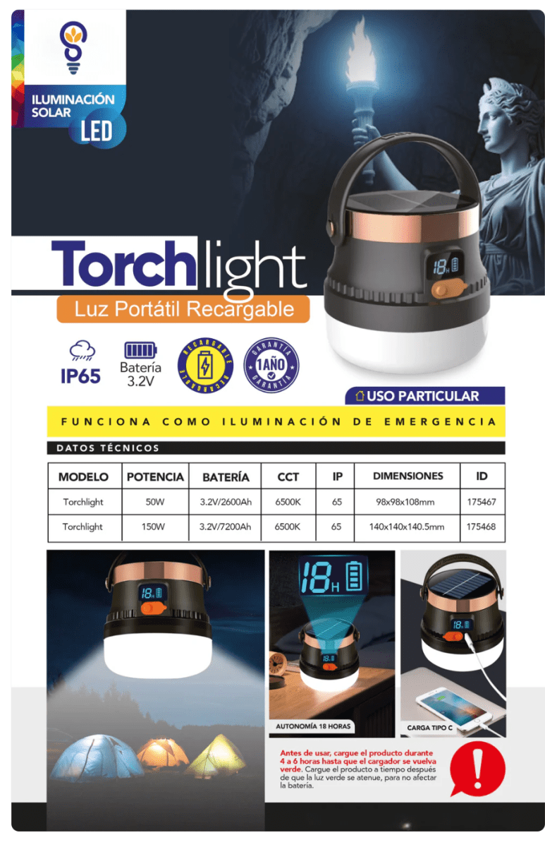 Lámpara Solar Recargable Camping 150W Torchlight | IP65, USB-C y Pantalla Digital2