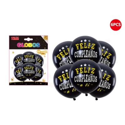 GLOBO NEGRO FELIZ CUMPLEAÑOS 6 PCS 30 CM LATEX 6240511