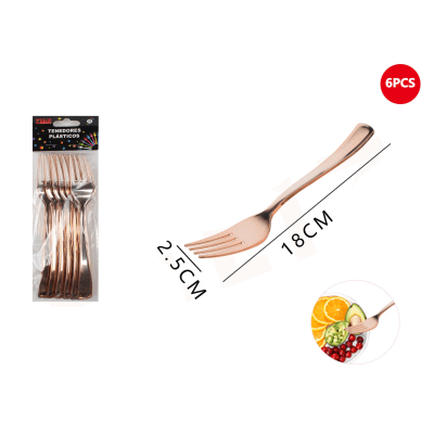 TENEDOR PLASTICO ORO ROSA 6 PSC 18 CM FELIZ 6144061