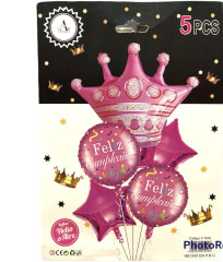 GLOBOS 5 UNID. FELIZ CUMPLEAÑOS CORONA ROSADA F1910