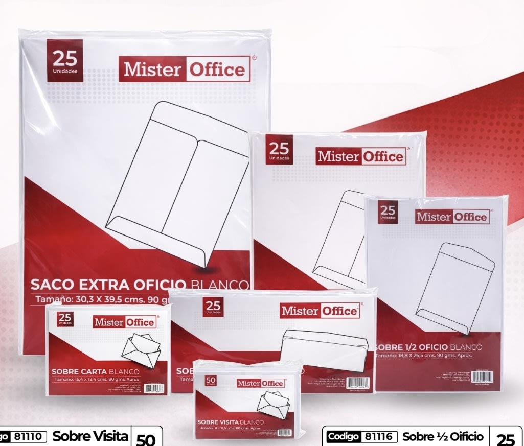 SOBRE AMERICANO X 25 UNID 22X10CM MISTER OFFICE 811132