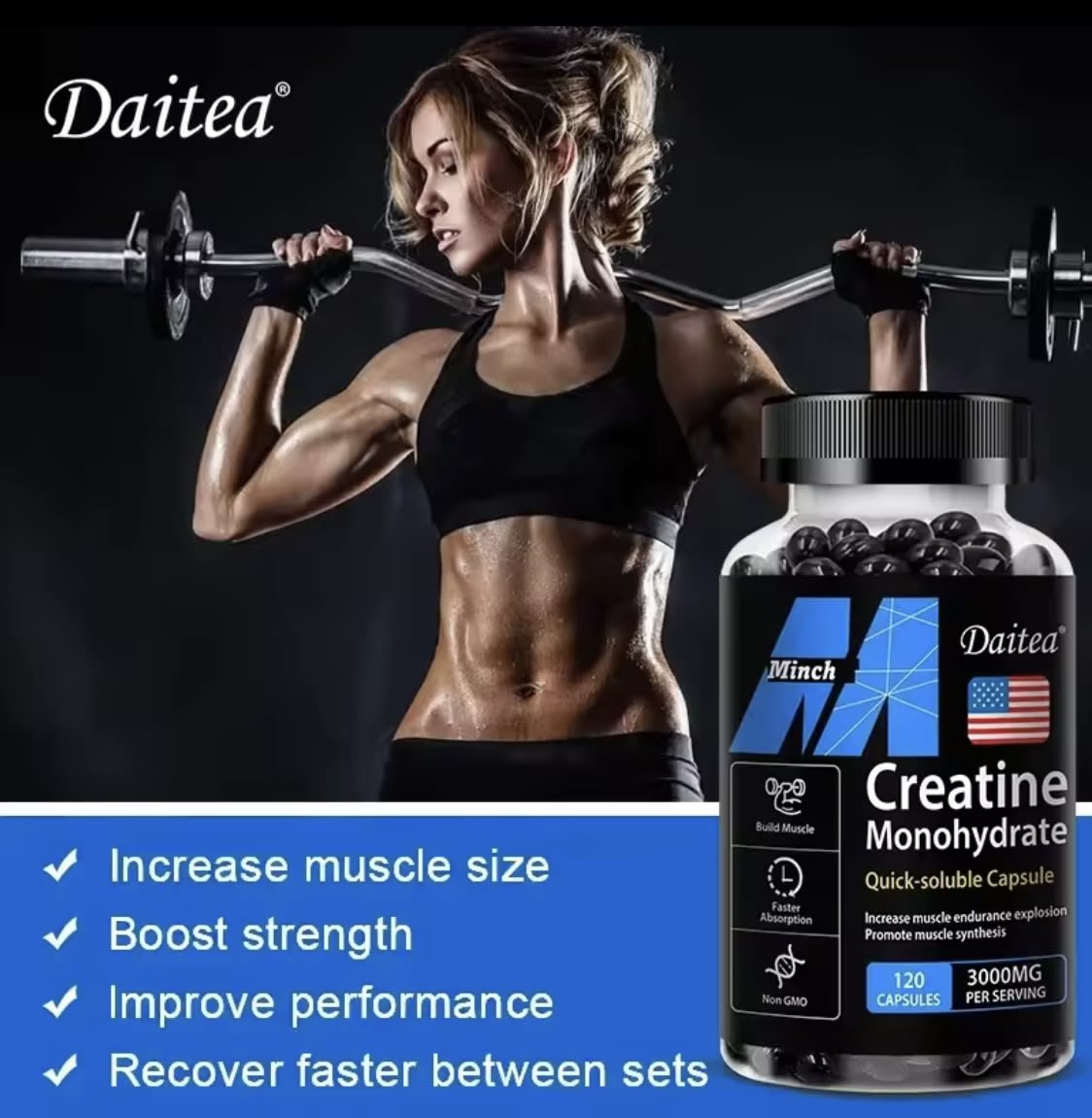 Creatina Monohydrate 30 Capsulas 3000mg Sabor Sin Sabor6