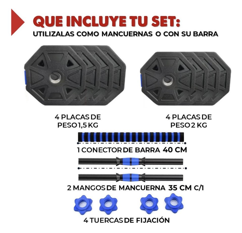 SET DE MANCUERNAS 15 KILOS TRANSFORMABLES A PESAS CON BARRA2