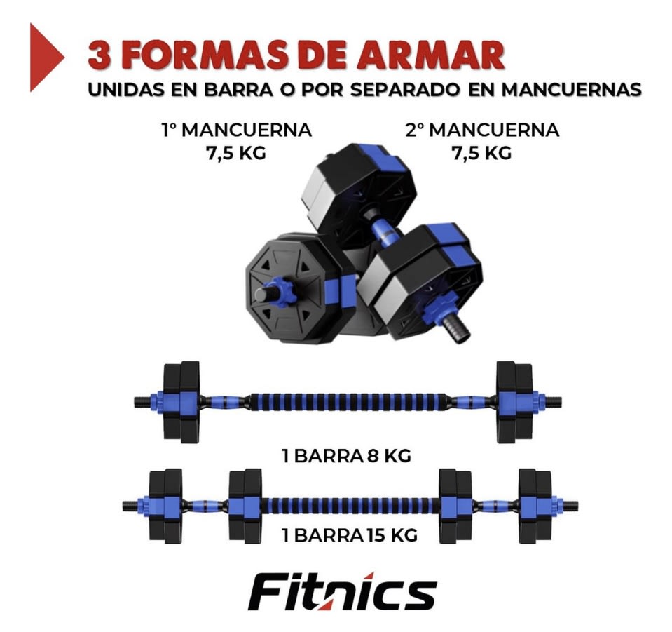 SET DE MANCUERNAS 15 KILOS TRANSFORMABLES A PESAS CON BARRA5