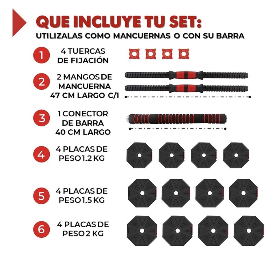 SET DE MANCUERNAS 20 KILOS TRANSFORMABLES A PESAS CON BARRA5
